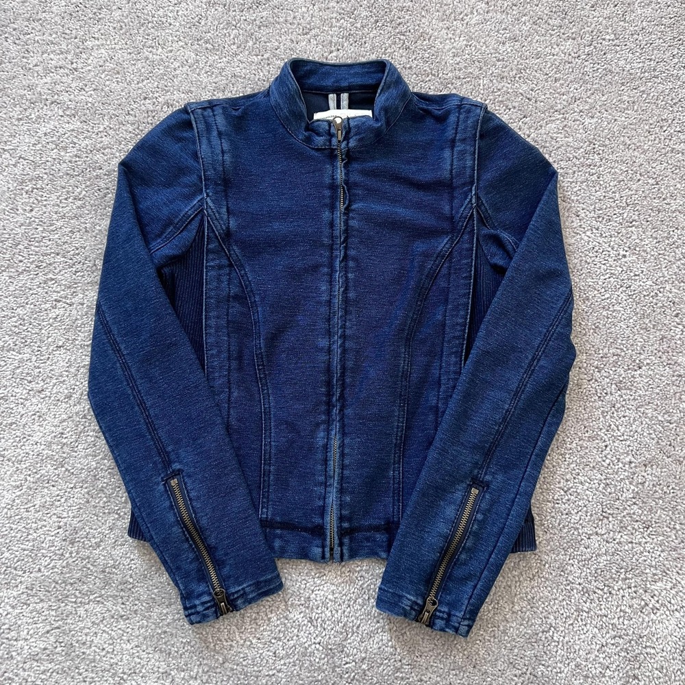 Anthropologie Pilcro Anita Blue Denim‎ Jacket Side Ribbed Full Zip Cropped XS